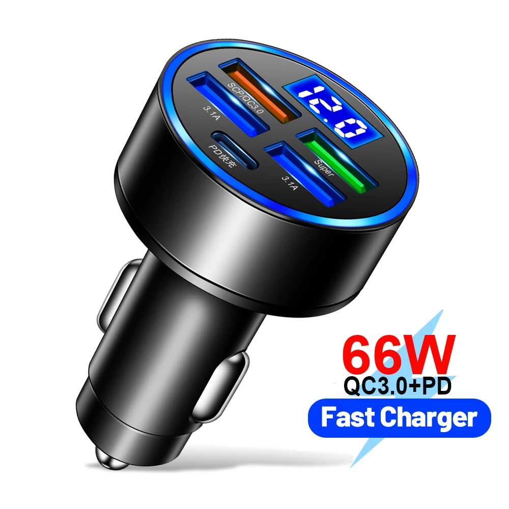 66W 5-Port Fast Phone Charger, 3.1A Usb Car Charger Fast Charging Usb Phone Adapter, for IPhone 13 Pro Xiaomi Huawei Samsung