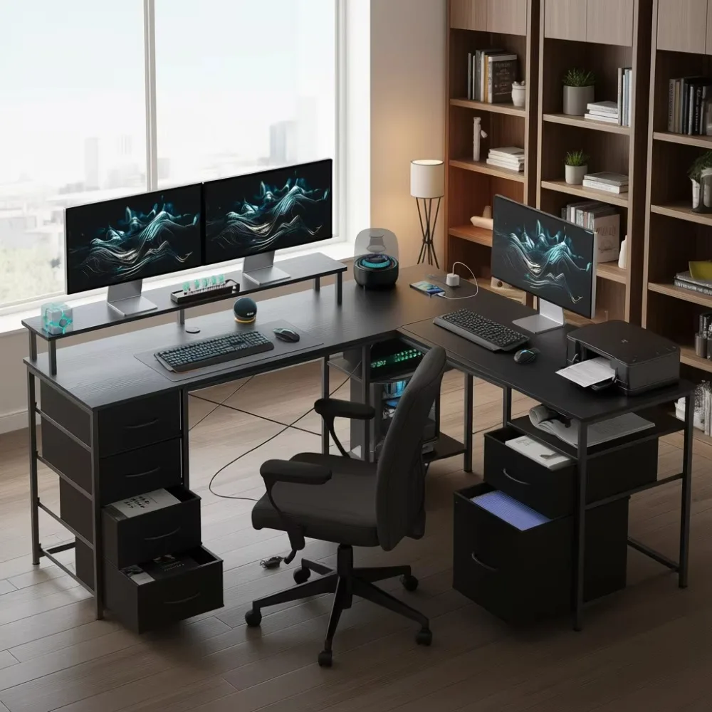 Double-sided Use L-shaped Computer Desk 66 Inches, Black Wood, with File Drawers, Power Outlets, and LED Lights