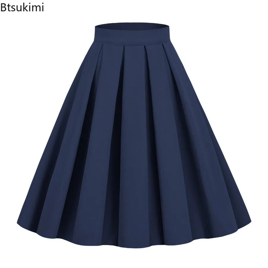 New 2026 Women's Retro Pleated Skirt Solid Color Korean Style High Waist A Line Skirt Student School Uniforms Fairycore Skirts