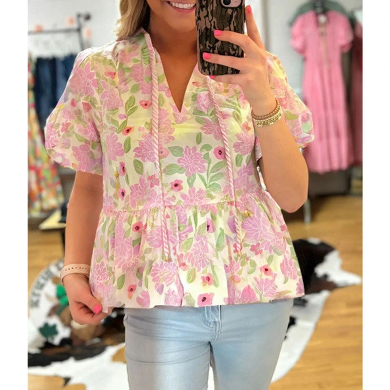 

Combhasaki Women Summer Short Puff Sleeve Cute Floral Print Blouses Striped Straps Tied Round Neck Puffball Hem Babydoll Shirts