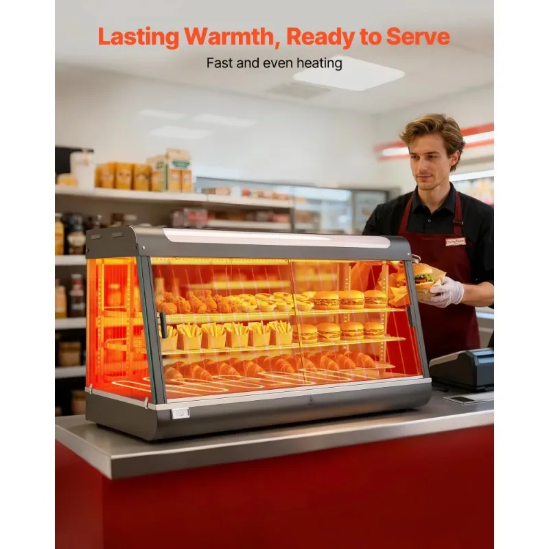 Commercial three-layer food insulated display cabinets with LED lights for top storage space