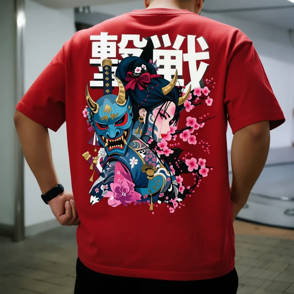 Japanese Geisha Oni Mask Cherry Blossom Print T-Shirt Men Women Samurai Style Loose Short Sleeve Streetwear Tee