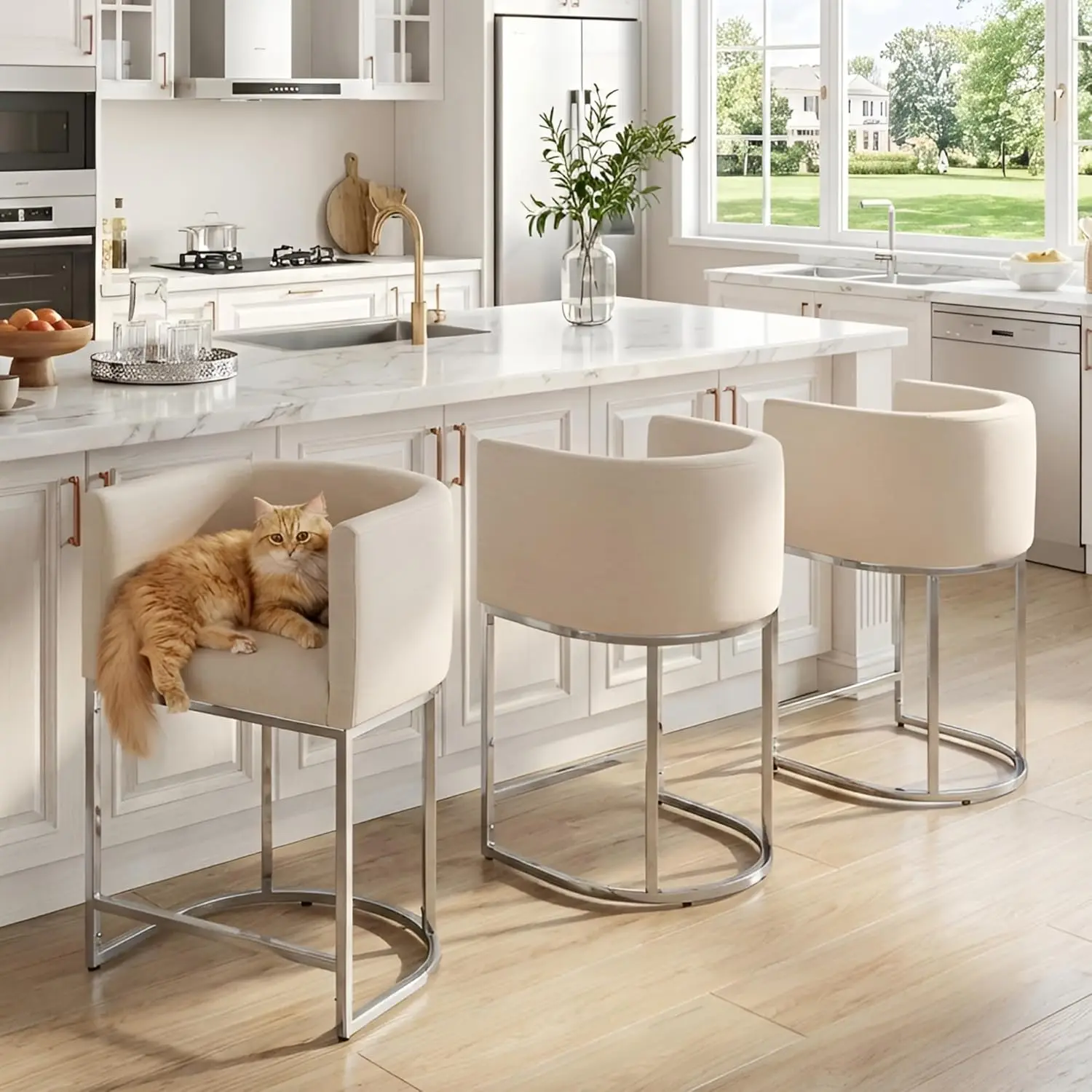 

Cream Linen Upholstered Counter Stools Set of 3 24in Kitchen Island Stool Chrome Metal Frame, Customized