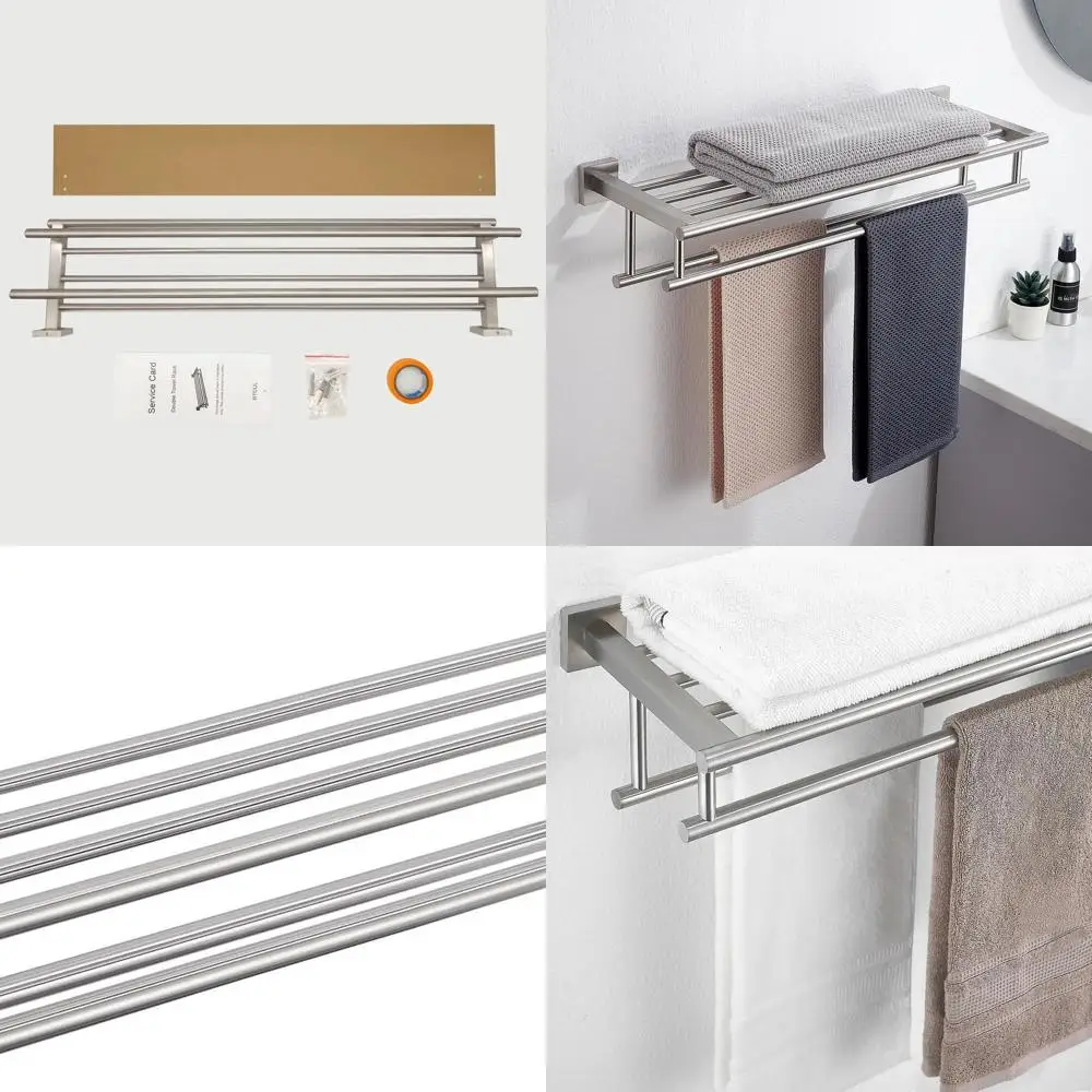 

Modern 28 Brushed Nickel Wall-Mounted Double Towel Bar with Shower Shelf, SUS304 Stainless Steel Bathroom Accessory