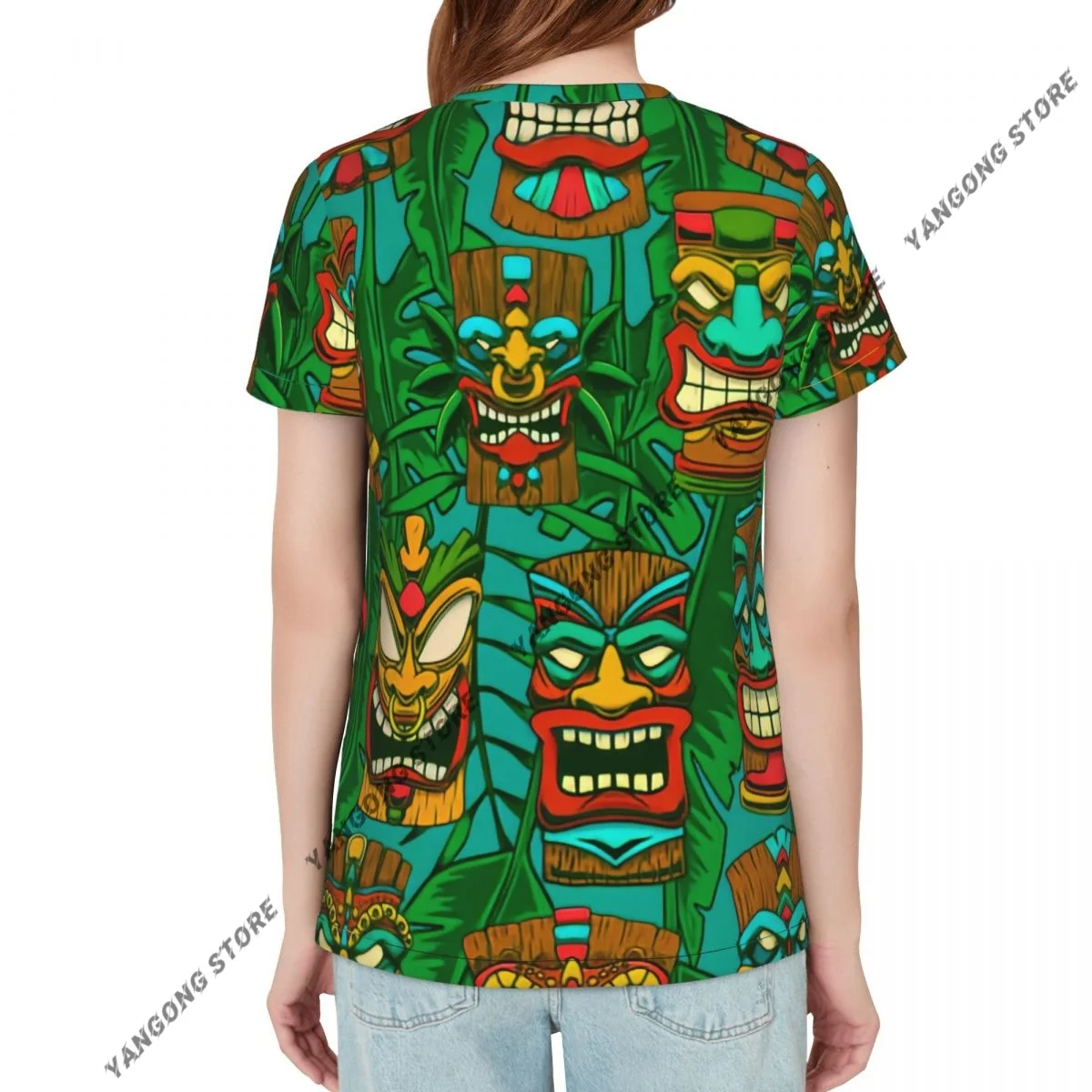 Womens Short Sleeve Tiki Idols And Palm Leaves Element Casual Tee Clothing Crewneck Woman T-Shirts