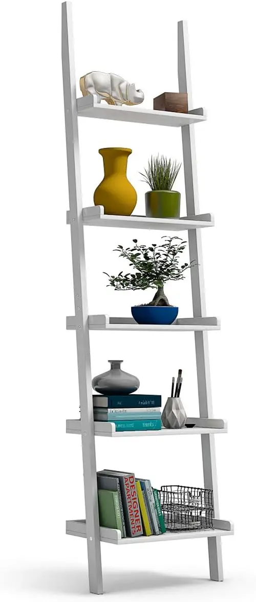 Scaffale moderno con scala in legno a 5 livelli, scaffale per esposizione di libri con piante bianche per l'home office