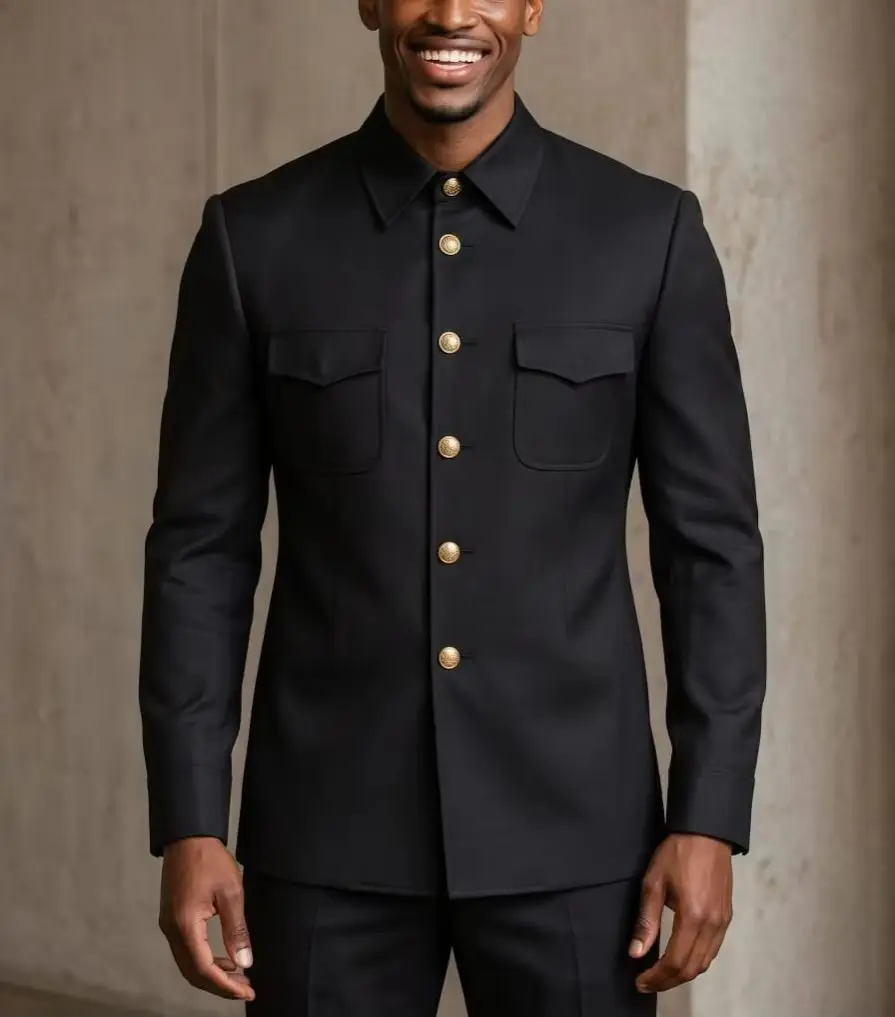 2 Pieces Men Formal Business Suit Set Black Lapel Collar Gold Button Two Flap Pockets Long Sleeve Jacket Pants Luxury Customized