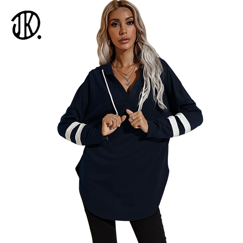 

Fashion Mid-length Hooded Pullover Casual Line Print T-shirt Lady Loose Long-sleeve Drawstring Hoodies Sweatshirt Women T Shirts