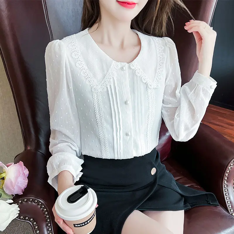 Spring and Summer New Elegant Temperament Women\'s Clothing Spliced Button Ruffle Edge Doll Neck Long Sleeve Solid Color Shirt