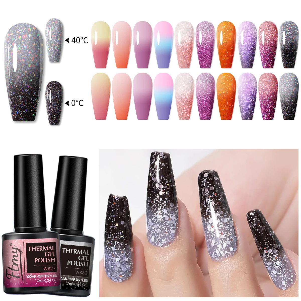 10個/セット ハロウィンテーマ ホットネイルポリッシュ、温度変化グリッターカラージェルポリッシュ、リムーバブルUVグリッタージェルポリッシュ、ネイル