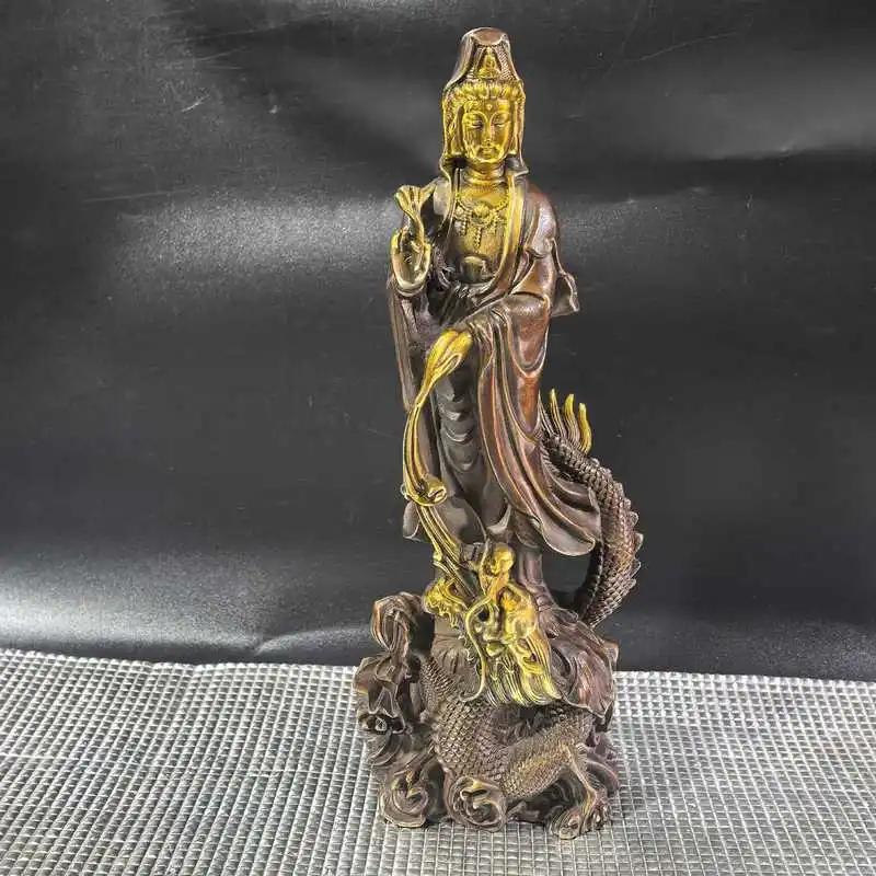 Brass Gilt Dragon-Embracing Buddha Statue, a Decorative Craft Piece for Worshiping the Bodhisattva Guanyin
