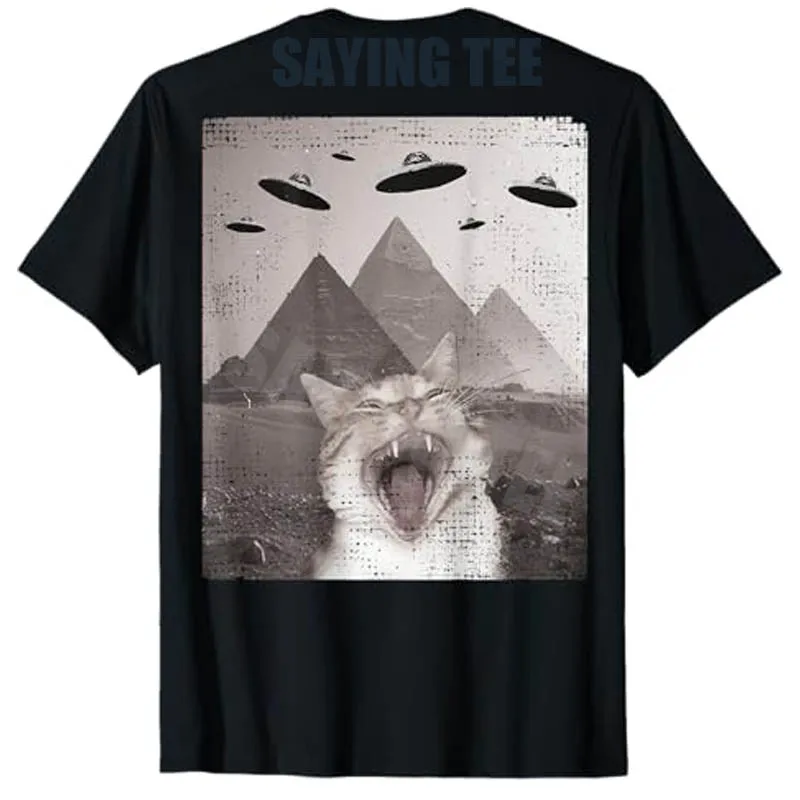 

Cat UFO Meme T-Shirt - Funny Cat Selfie with UFOs Men Women Y2k Art Graphic Outfit Kitten Alien Aesthetic Clothes Novelty Gifts