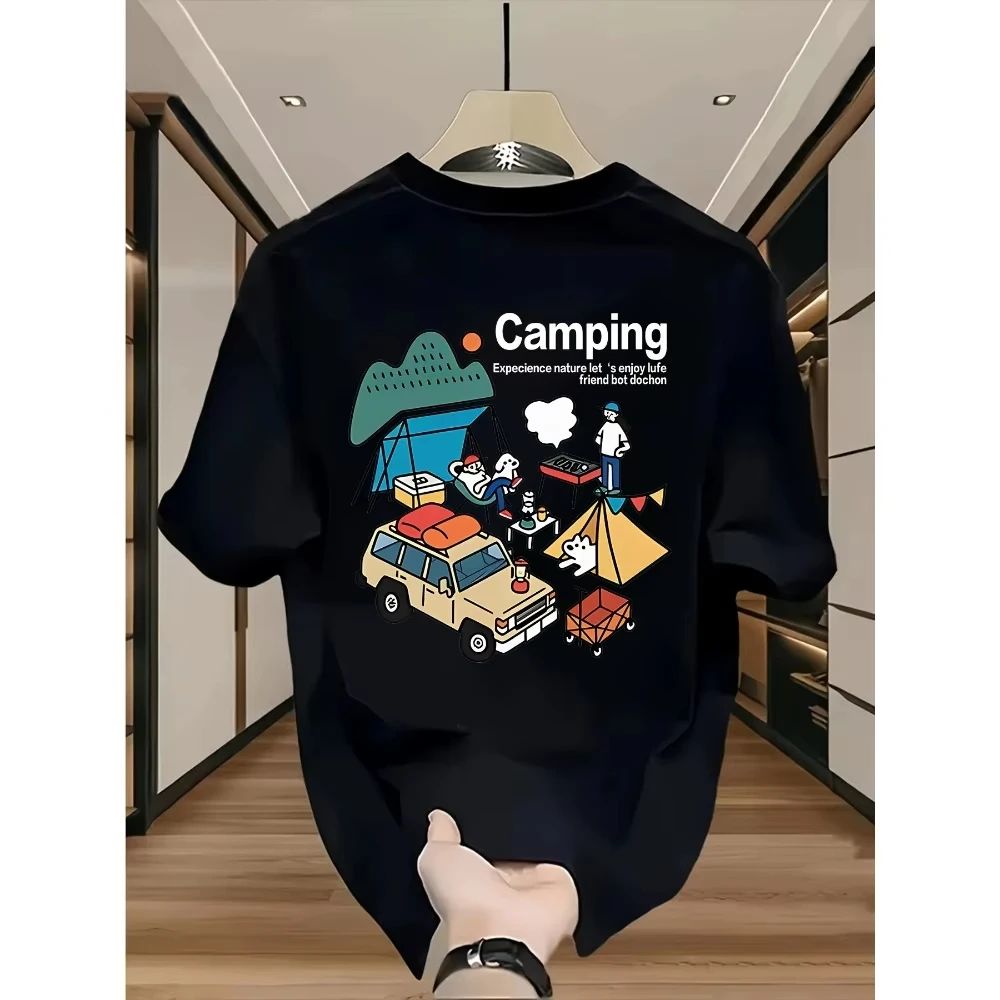 Fun Camping-style Printed Short-sleeve T-shirt with Cartoon Off-road Vehicle and Tent Patterns, Unisex and Versatile