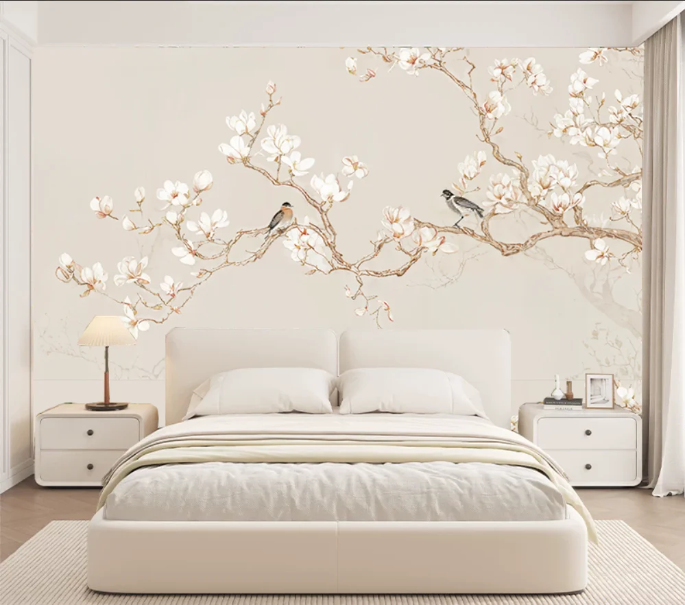 Customized Size Mural Vintage Flower and Bird Branch Wallpaper Rainforest Plants Flying Birds Tree Decoration 3d wallpaper