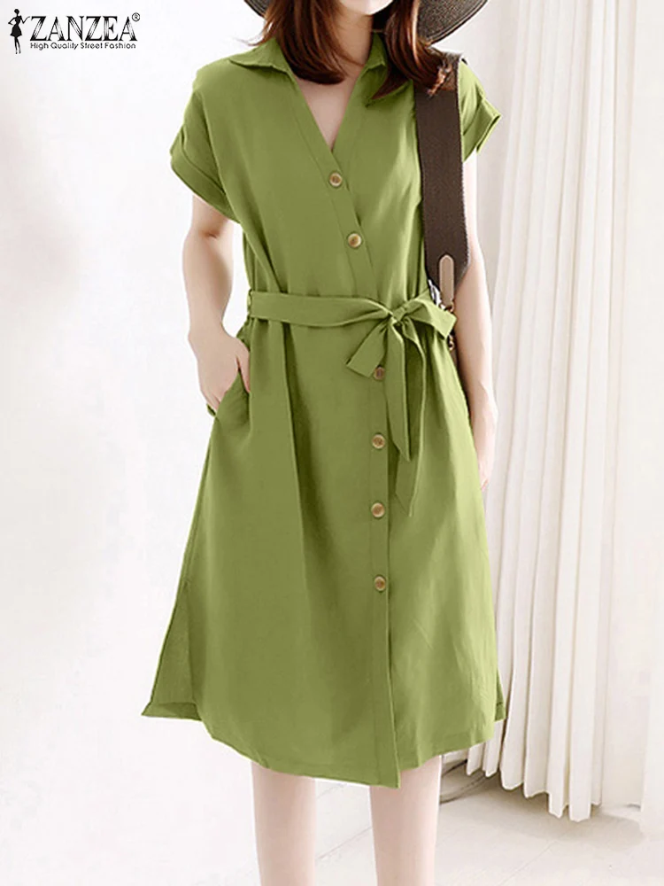 

ZANZEA Fashion Solid Color Shirtdress Summer Short Sleeve V-Neck Dress Woman Elegant OL Sundress Female Casual Lace Up Sundress