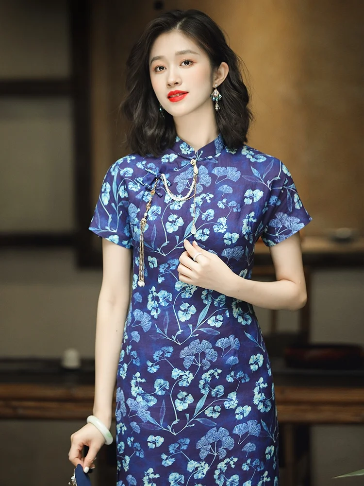 

Dorabana Mom's Summer New Sle Flax Print Daily Improved Dr Women's Long round Collar ort Sve Dr