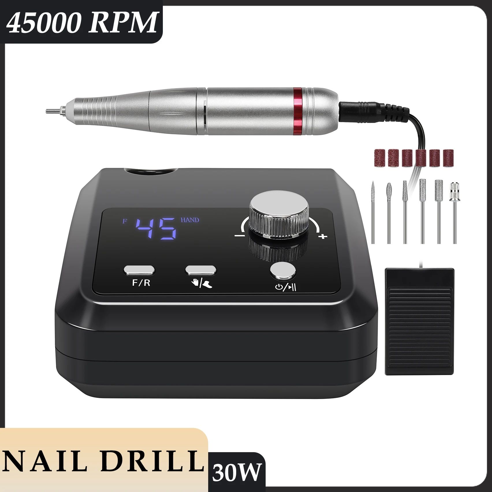 45000RPM Nail Drill Machine Professional Nail Lathe with Large LCD Screen 30W Smart Electric Manicure Polisher Nail Art Toools