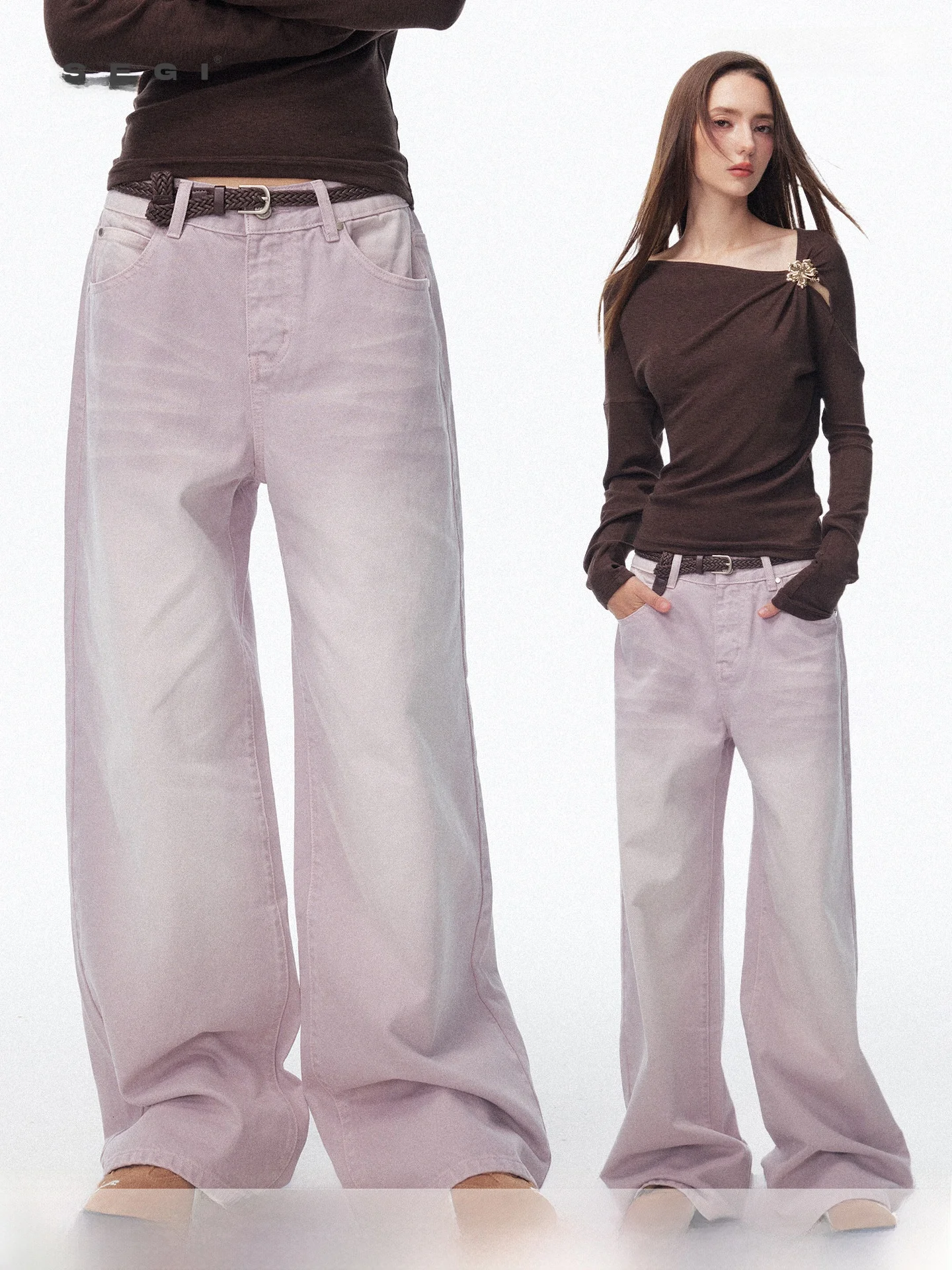 

Segi Original Design Gradual Washed Pink Cream Denim Jeans Women's Unique High-End Feelings Pants Straight Leg Natural Waist