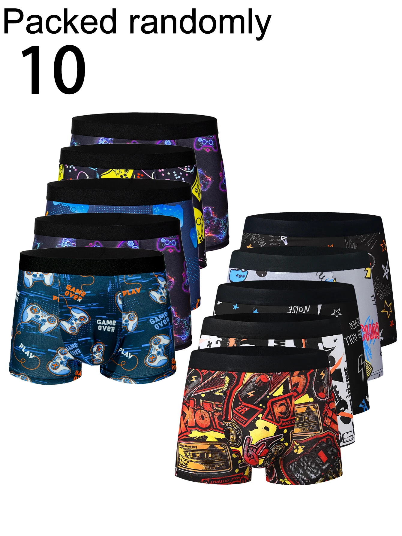 10-Pack Men's Boxer Shorts Assorted Random Designs Sky Blue Base Retro Flame Graffiti Print Mid-Waist Comfortable Breathable You