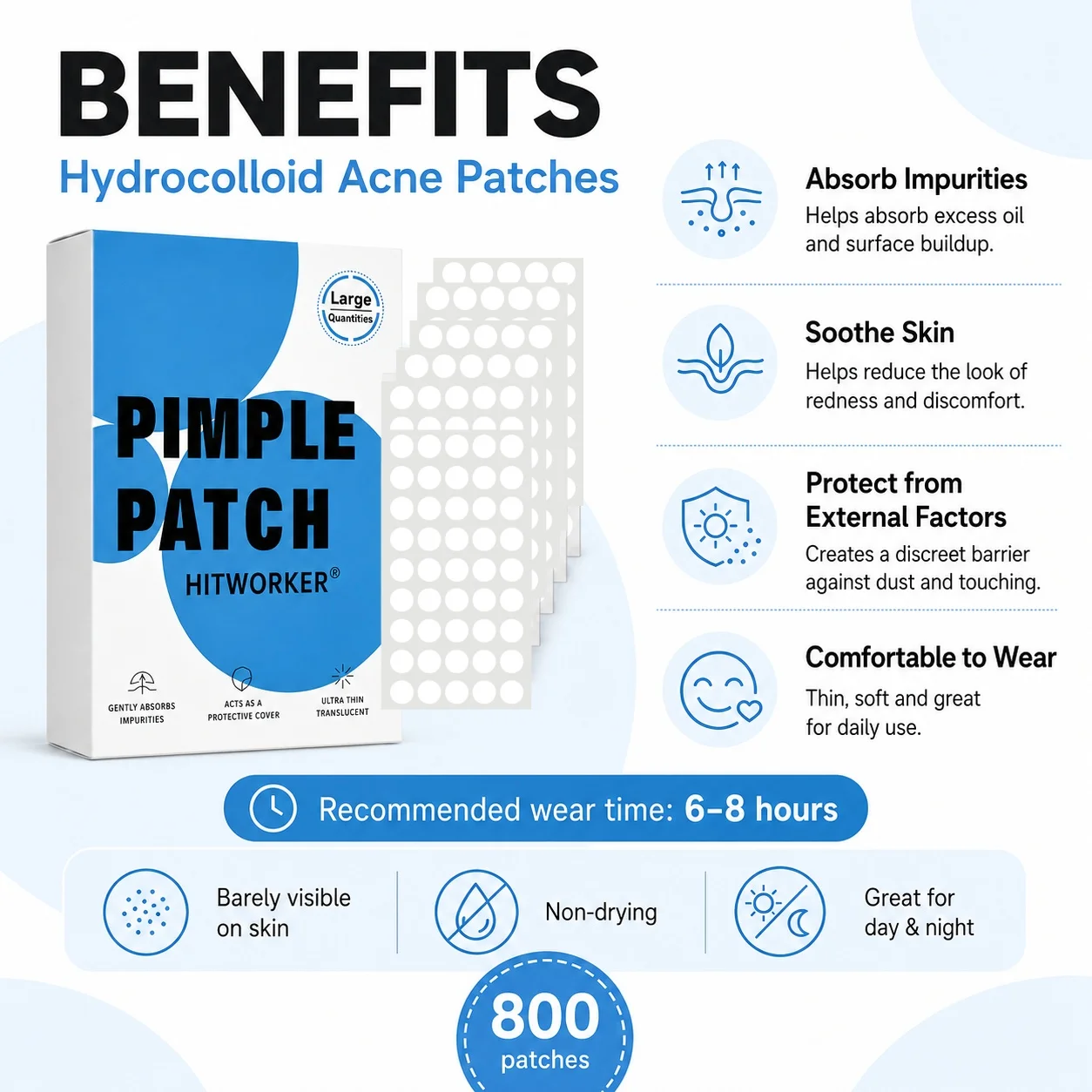 800Pcs Hydrocolloid Acne Pimple Patches, Invisible Blemish Spot Cover Stickers, Oil Absorbing Facial Skin Care Zit Patches view 3