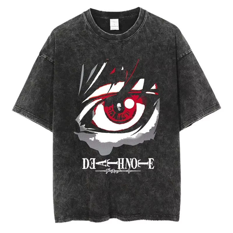 Mode Streetwear Unisex Top T-Shirt Harajuku Vintage Washed T-Shirts Death Note Anime Grafik-Druck Shirt Übergroße Baumwolle – Detail 10