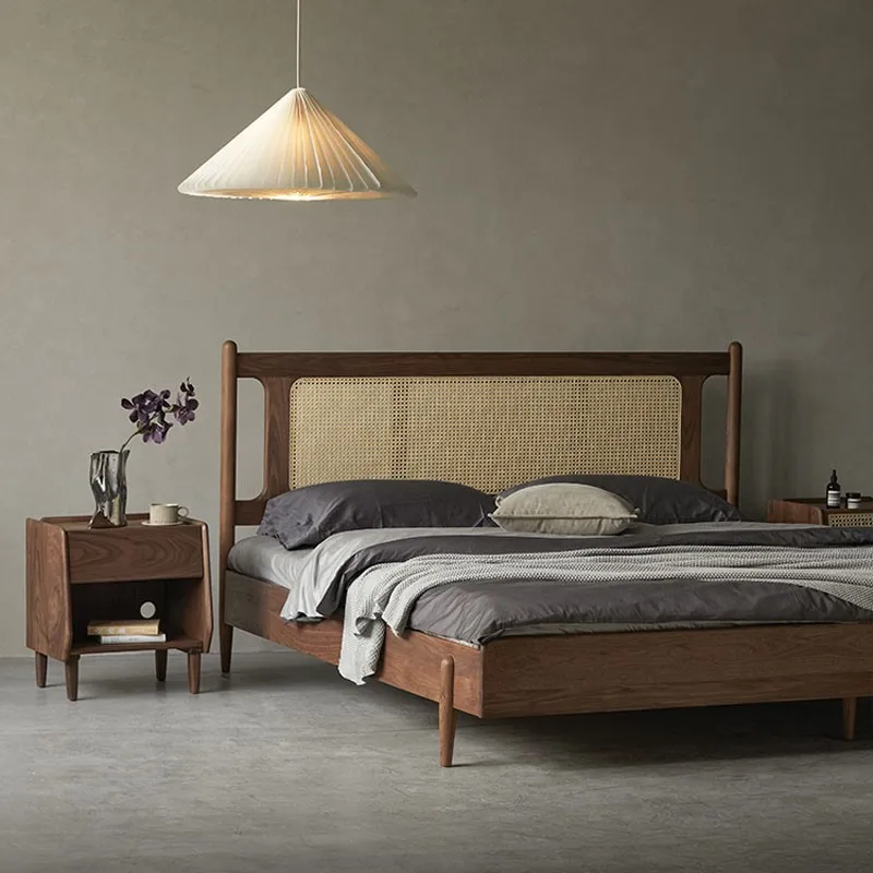 

Nordic all solid wood bed new Chinese simple rattan bed retro 1.8 meters double