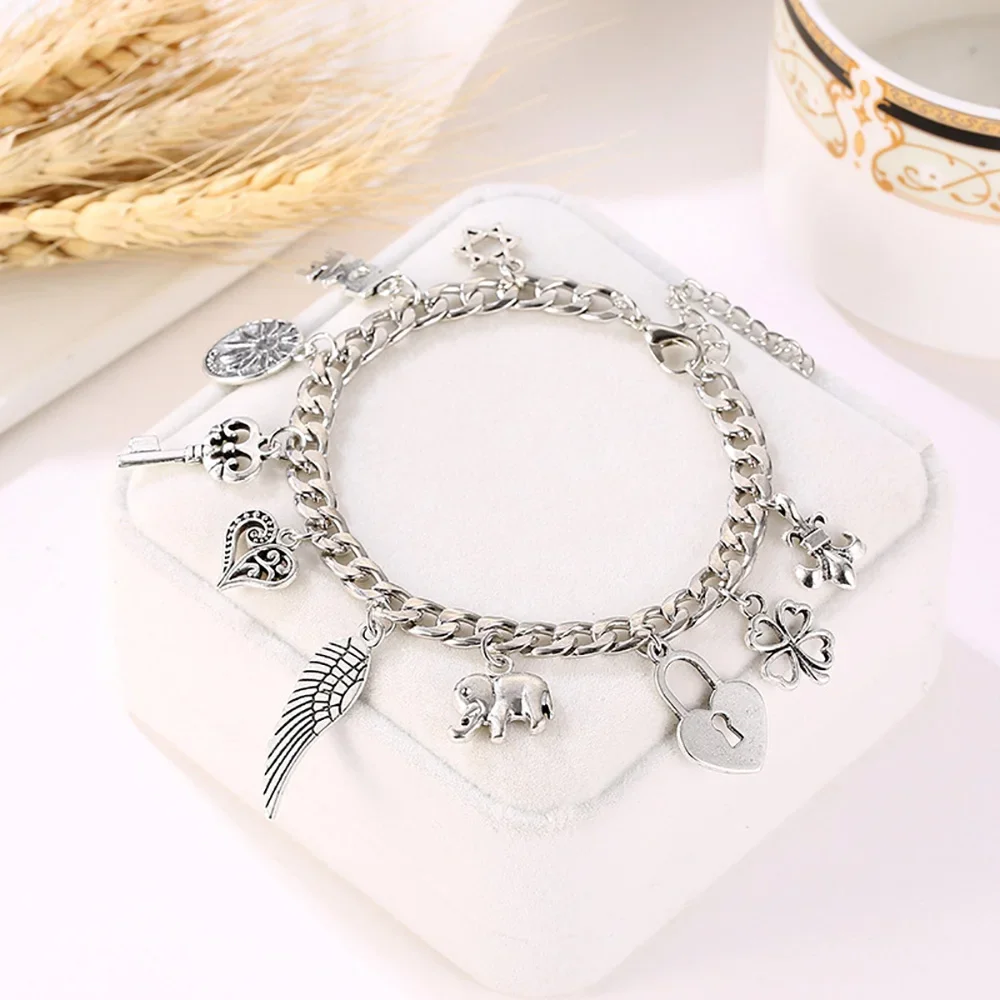 LossTower Vintage Silver Color DIY Elephant Heart Lock Key Bangle Flower Star Wings Fashion Pendant Charm Bracelet for Men Women