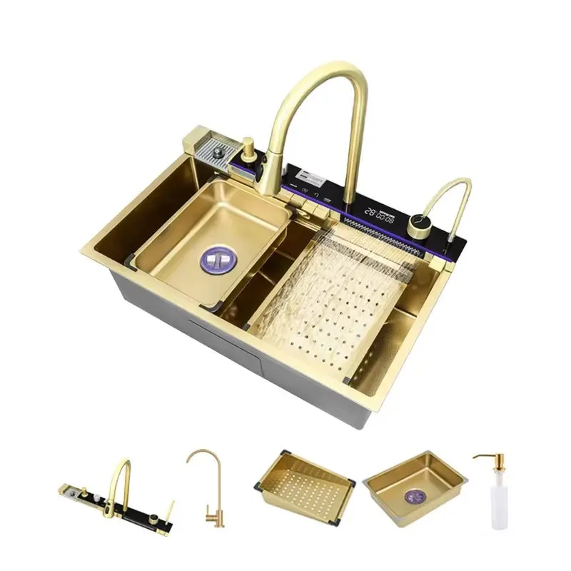 Best-selling Handmade Gold-plated Waterfall Faucet Multifunctional Stainless Steel Kitchen Sink