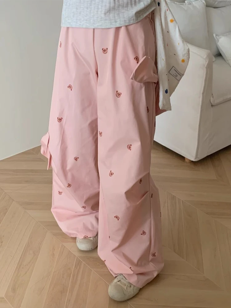 Gagarich Little Bear Printed Work Casual Pants Women Spring New Three Dimensional Large Bow Decoration Wide Leg Long Trousers