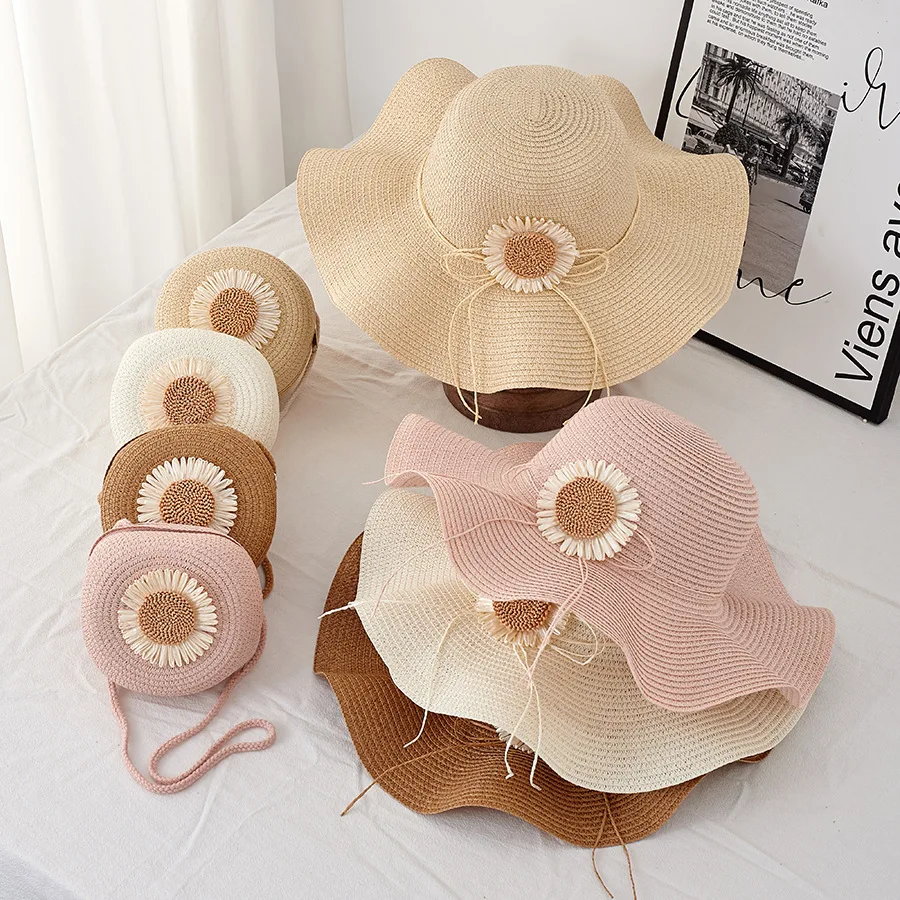 2pcs Set Fresh Sunflower Straw Sun Hat and Round Straw Crossbody Bag Packable Design Floppy Wide Brim Summer Beach Hat and Bag