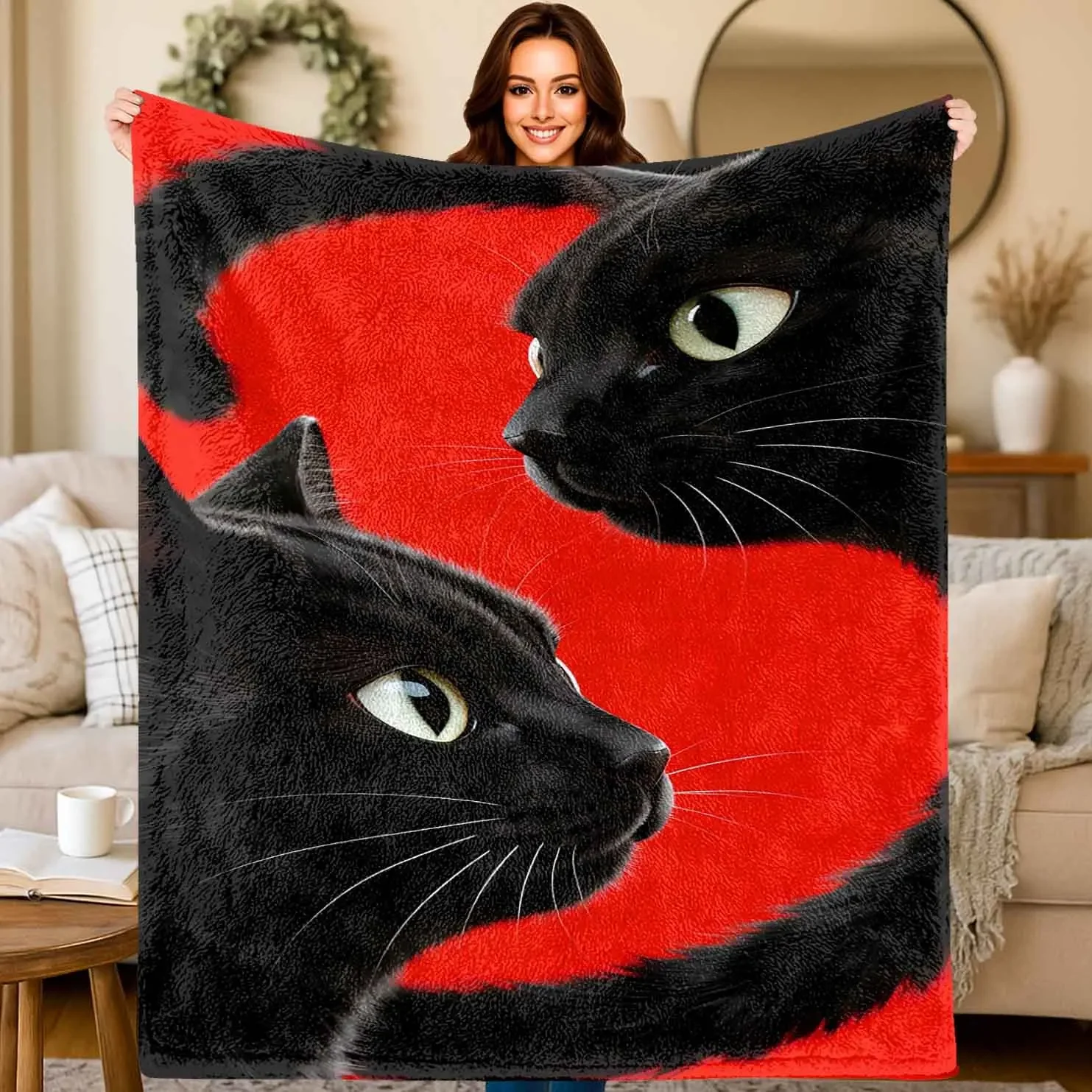 Ultra Large Black Cat Red Print Throw Blanket Cozy Pet Lover Gift for Sofa Bed Decor 150x230cm Fleece