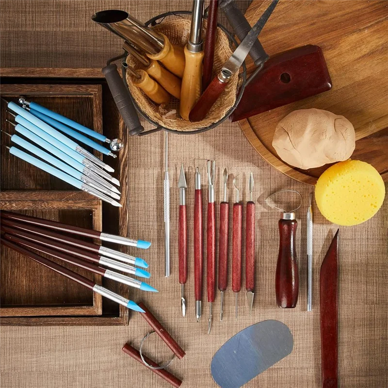 

75STO-32 Pieces Pottery Tools Clay Sculpting Tool Kit With Red Wooden Handle, Round Clay Hole Cutter, Pottery Crafts