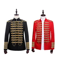 Standing Collar Metal Chain Personality Men Suit Blazer Jacket Palace Style Gala Party Stage Show Costume Military Uniform Coat