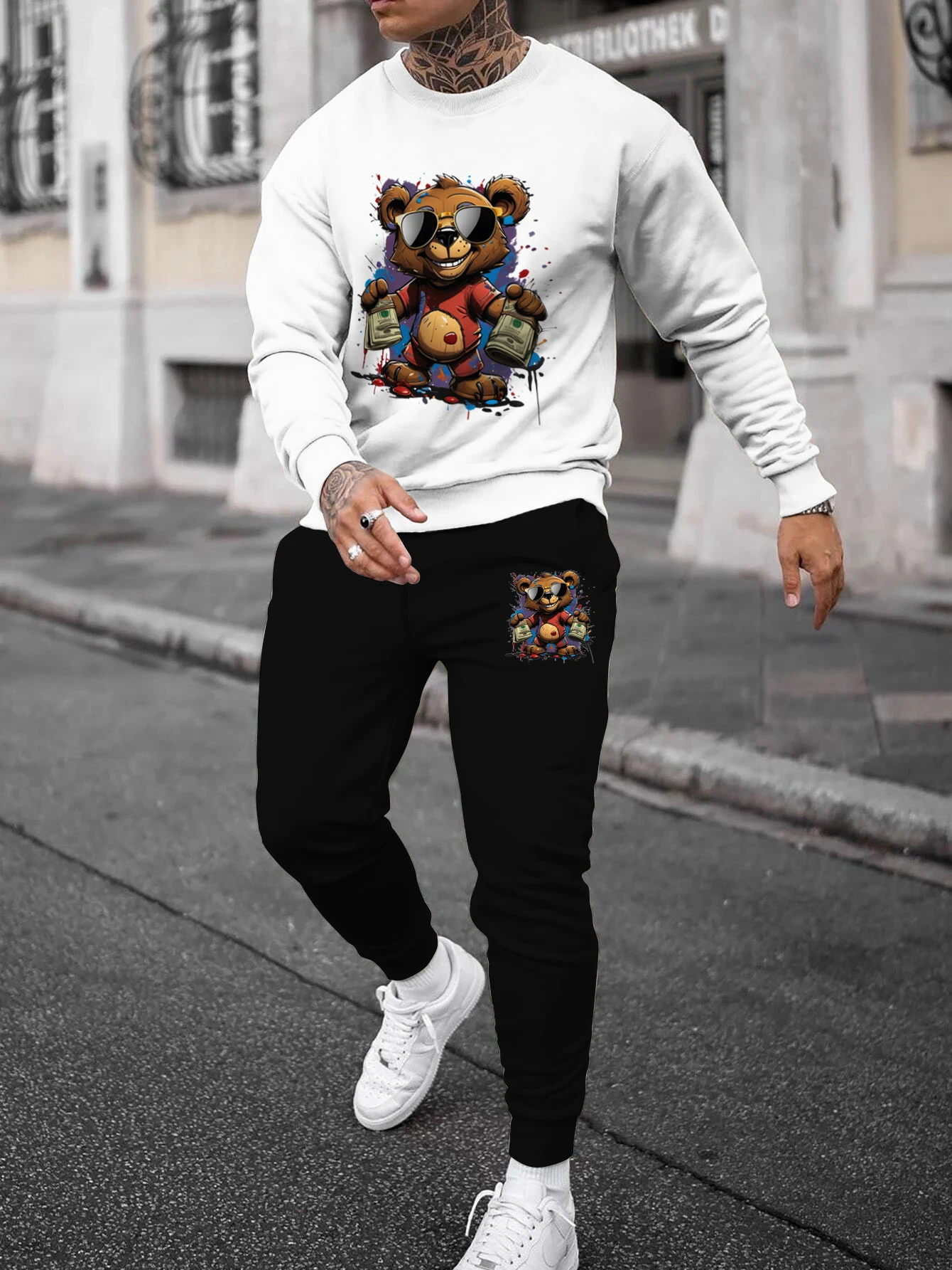 Men's Autumn and Winter Set With Sunglasses Bear Print Long-sleeved Pants Two-pieces Suit Comfortable Round Neck Sportwear