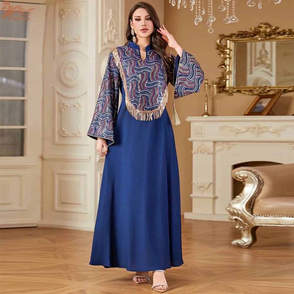 

Ramadan New Muslim Abaya Dress Sequins Embroidered Dress Dubai Arabian Tassel Robe Middle Eastern Women's Jalabiya