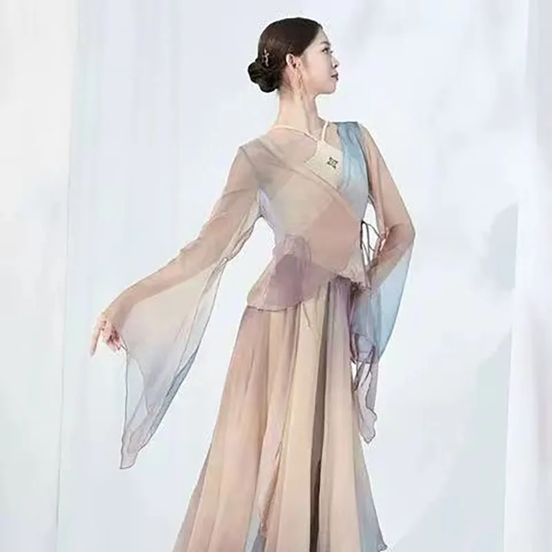 Elegante gradiente saia de balé feminino chiffon flowy longo dancewear 360-720 graus traje de dança clássica desempenho maxi saia