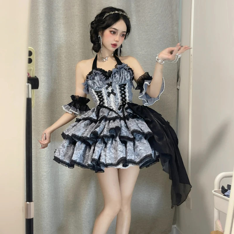 Japanese Dark Gothic Lolita OP Dress Women Vintage Elegant Bow Flower Three Section Party Dresses Girls Slim Short Sleeve Dress