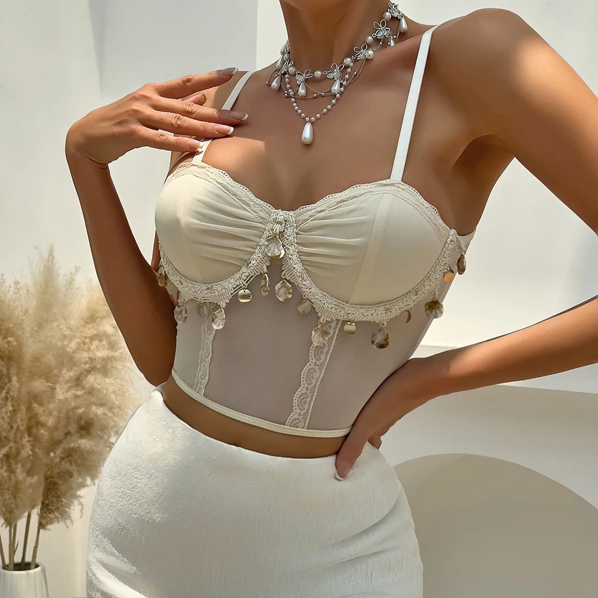 

Абрикосовые топы без рукавов, женский корсет, укороченный топ, майки, украшение в виде ракушки, жилет, женский топ на бретелях с открытой спиной, уличное бюстье