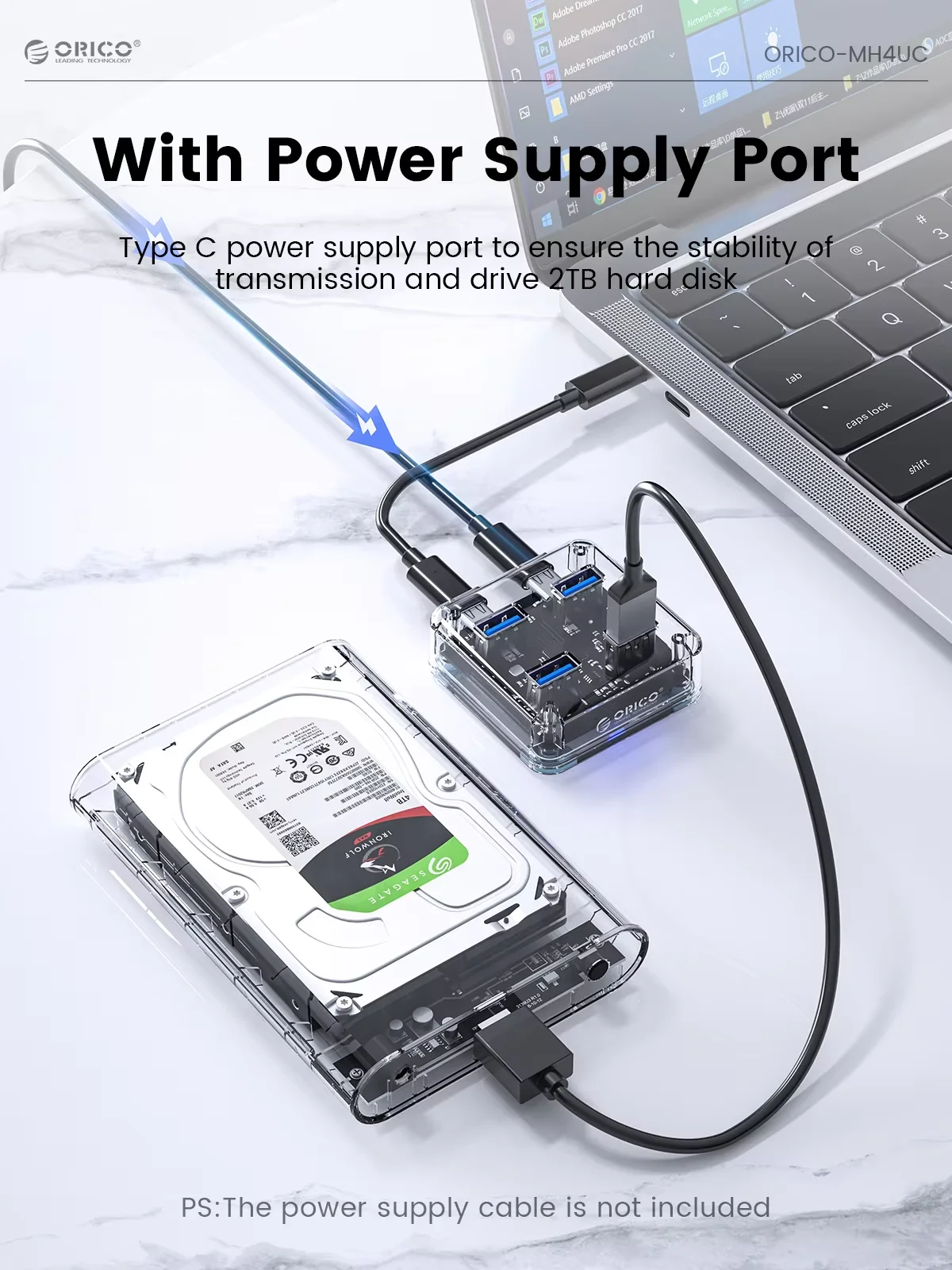 ORICO USB 3.0 Hub With Power Supply 4 Port Transparent Expansion Interface OTG Dapter Type C Hub PC Computer Dcoking Stantiom - view 5