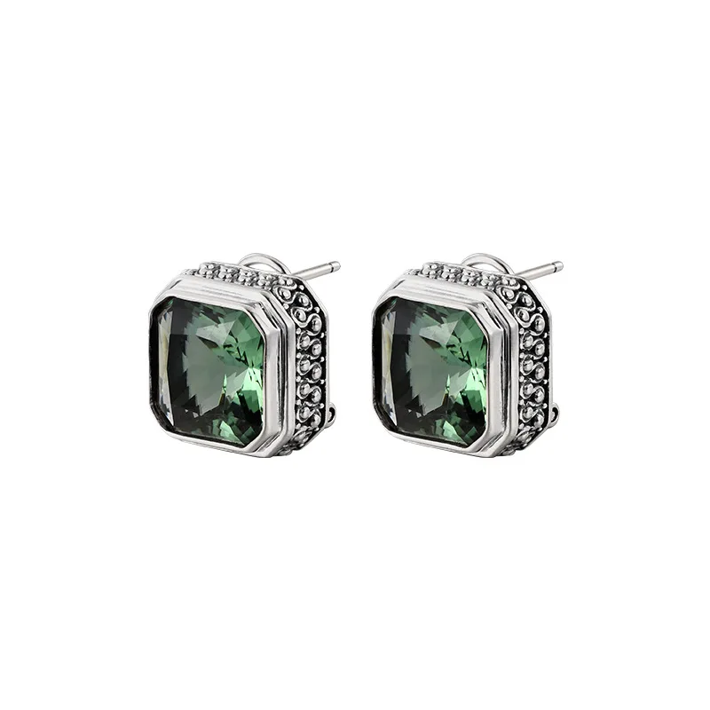 S925 Sterling Silver Studs Earrings for Women Argentum Edged Square Tangent Plane Zircon Morganite Ear Studs Punk Jewelry