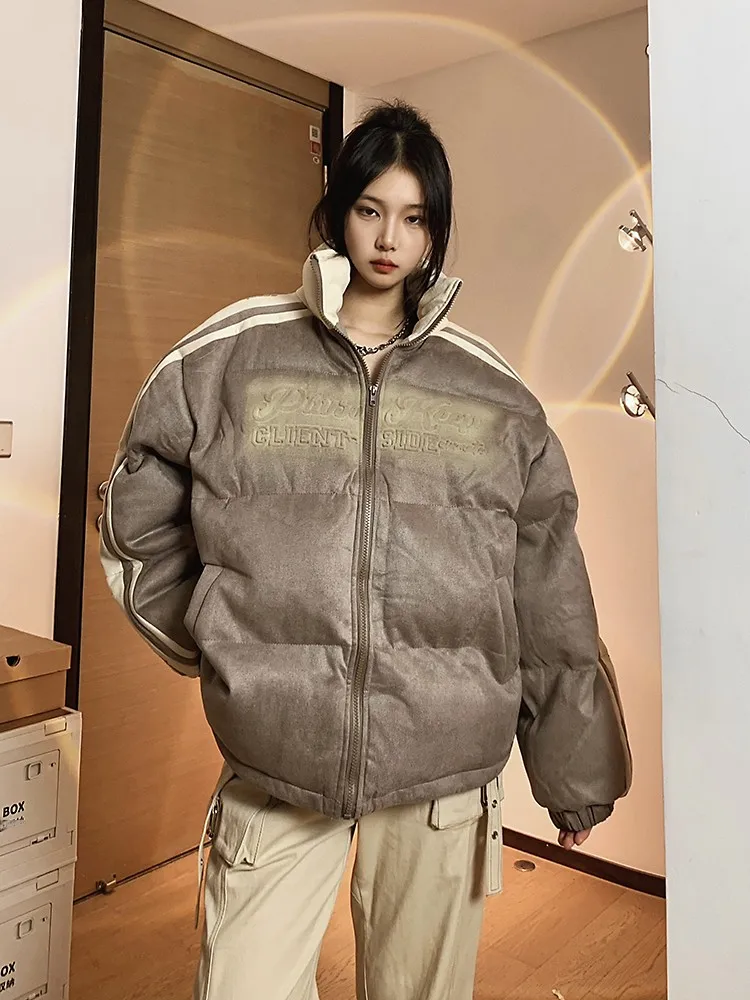 

American Sle Retro Suede Bread Coat Women's Winter Cotton Jaet Oversize Thiened Outerwear Trendy Straight Tube pe