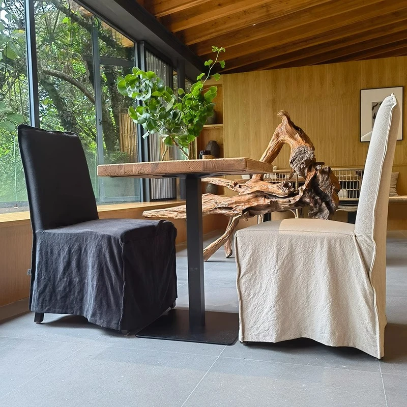 

White bed and breakfast linen dining chairs, Nordic retro washed cotton and linen coffee restaurant