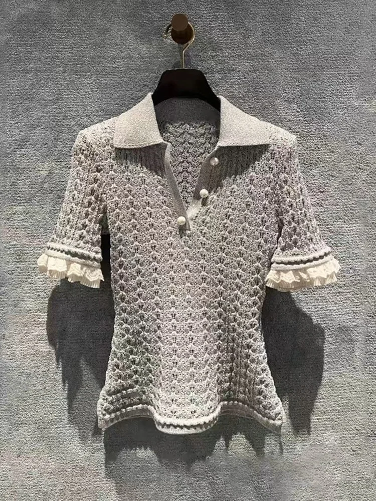 

Высококачественная европейская летняя футболка нового дизайна с милым кружевом ort Sve Ne, женский вязаный топ, моющийся сращивание