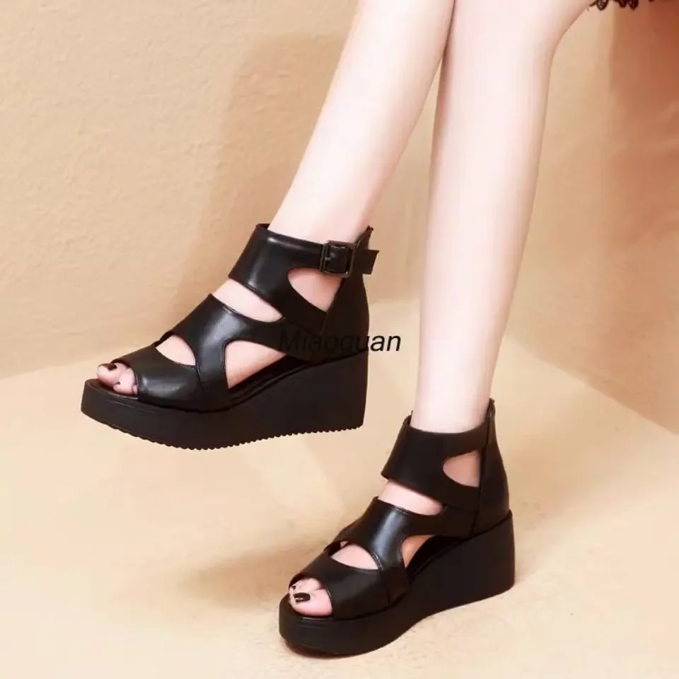 High Quality Soft Leather PU 2024 Summer Sandals High Heel Platform Sandal Boot Wedge Peep Toe Women\'s Shoes Hollow Roman Black