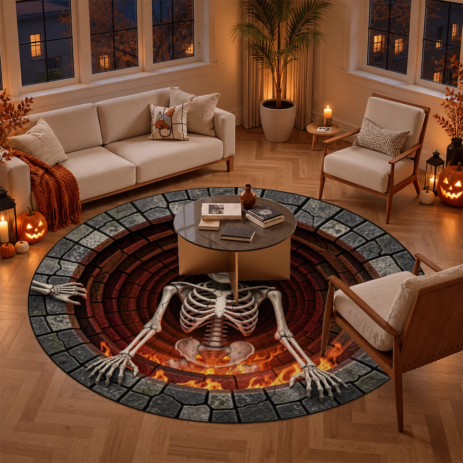 3D Skeleton Brick Fire Pit Pattern Round Velvet Rug, Machine Washable, Resists Shifting, Ideal for Entryway, Living Room, Bedroom, Halloween, Thanksgiving, Black Friday, Christmas, New Year Festive Decor