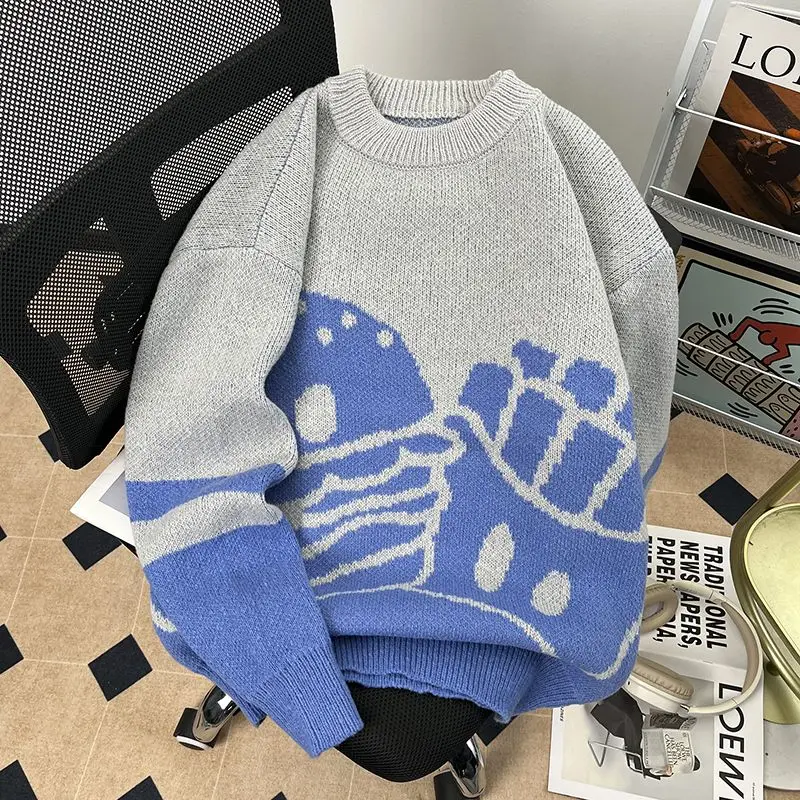 سترة محبوكة عصرية بياقة مستديرة وأكمام طويلة للشباب، أزياء الربيع على طراز هاراجوكو، تصميم كتل الألوان، قصة فضفاضة غير رسمية ...