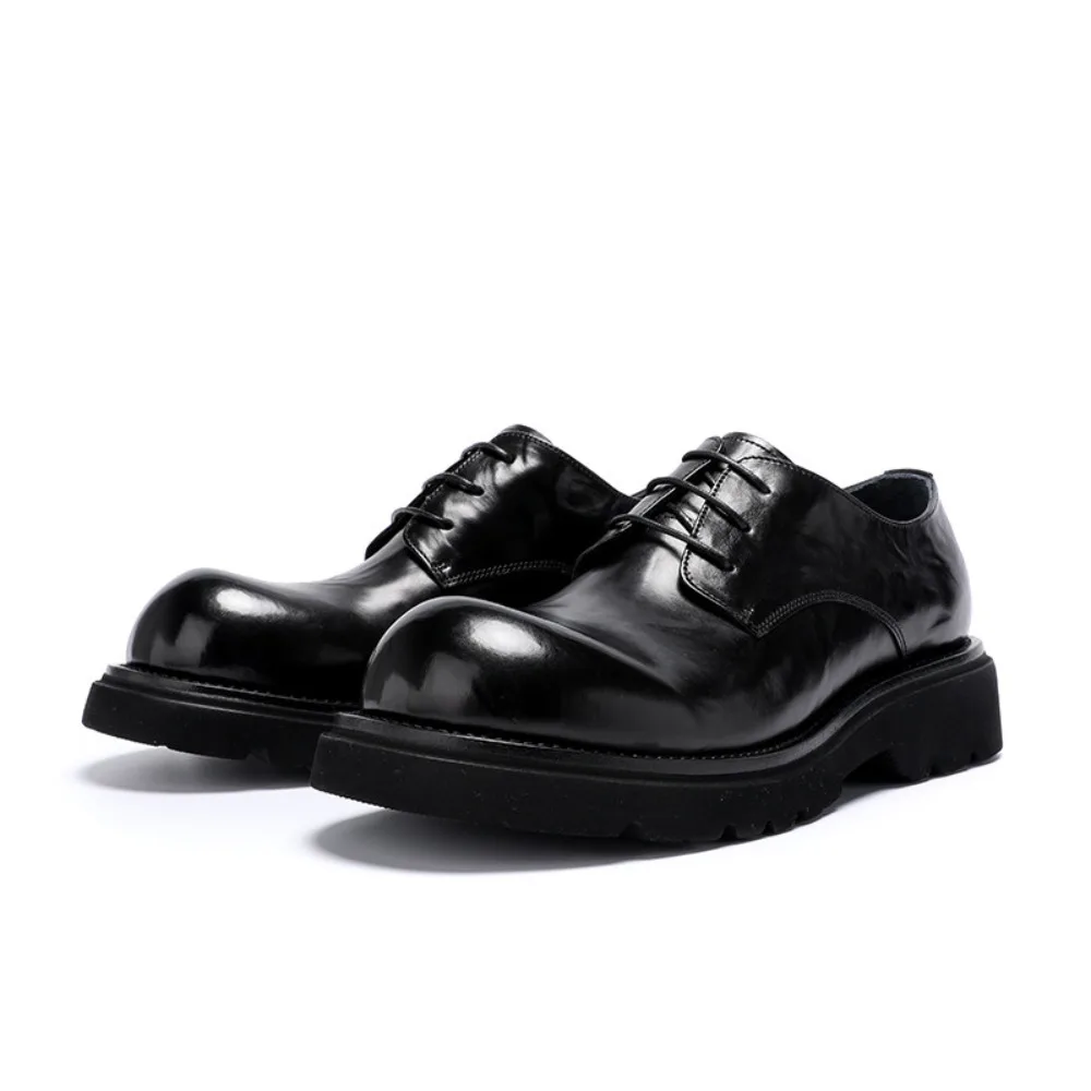 High Grade Hand Crinkled Cowhide Men Derby Shoes Summer Genuine Leather Thick Sole Breathable Casual Big Toe Dress Shoes