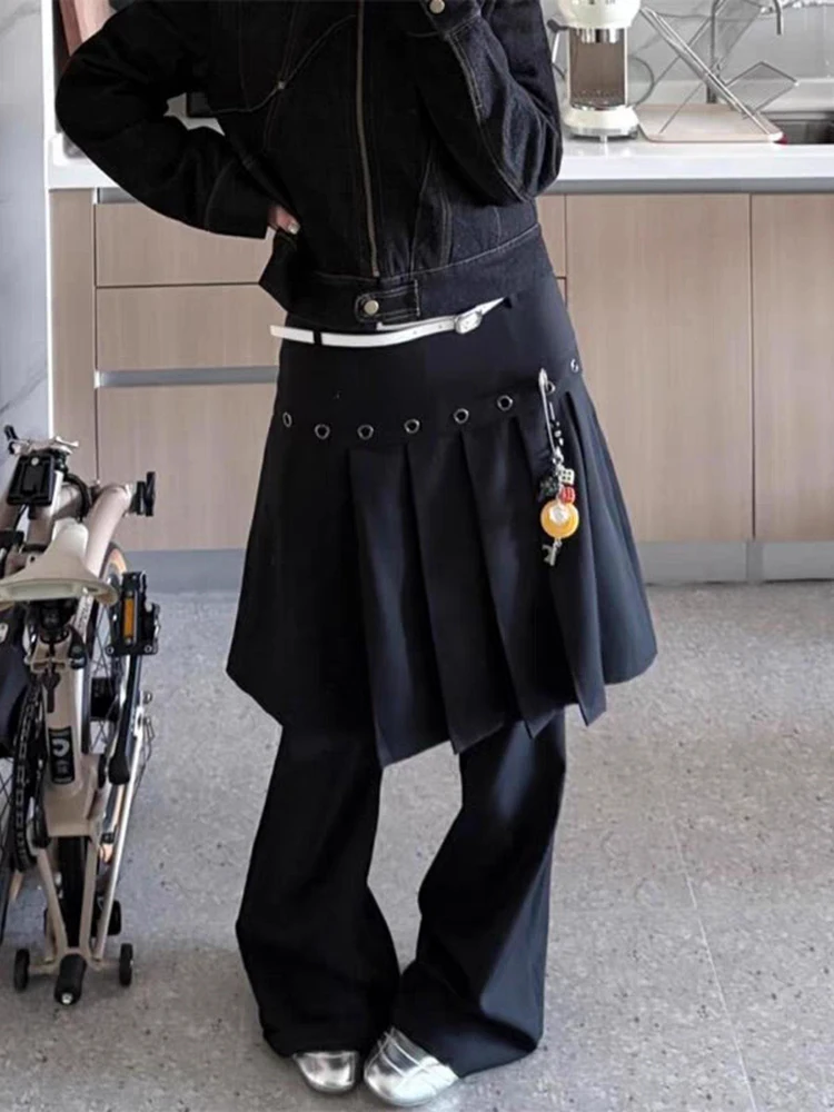 RORORIRI Eyelets Black Pleated Skirt Layered Bell Bottoms Women Casual Plain Mock Wide Leg Bootcut Suit Pants Punk Retro Clothes