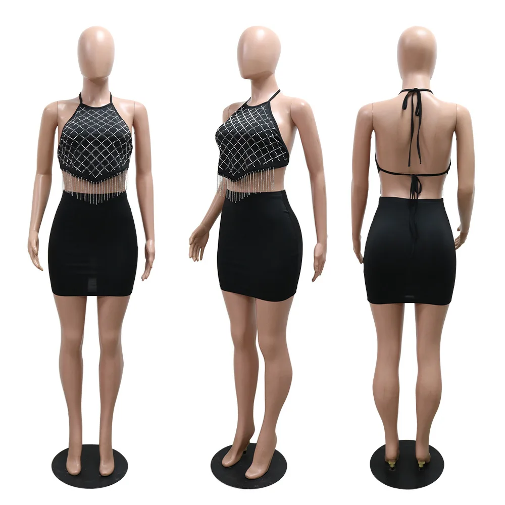 2025Solid Color Lace-Up Short Style Top with Diamond Splicing Tassel Two-Piece Set Hip-Hugging Skirt Included Fashionable Outfit