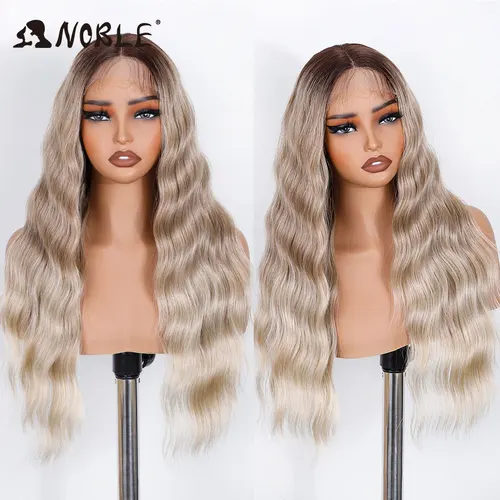 Peluca con malla frontal sintética Noble, peluca de encaje ondulado largo de 26 pulgadas con parte de encaje ondulado para mujer, peluca con malla frontal para Cosplay, peluca rubia ombré